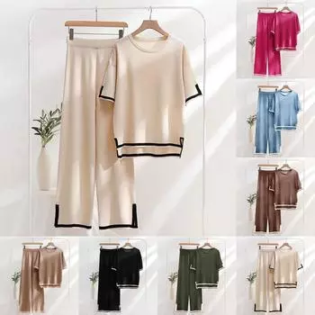 Женский вязаный свитер из 2 предметов, пуловер с короткими рукавами, топы с эластичной резинкой на талии, широкие брюки, женский комплект L