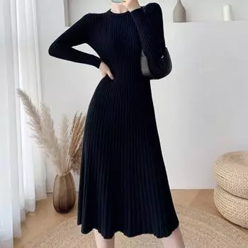 Женский вязаный свитер миди, платья осень-зима, новый эластичный длинный базовый сарафан миди с длинными рукавами One Size синий