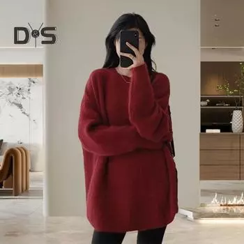 Женский вязаный свитер осень-зима с круглым вырезом, однотонный, элегантный, с длинными рукавами, свободный крой, мягкий, пушистый, теплый, повседневный, большой размер, женский пуловер светло-фиолетовый