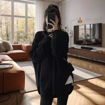 Женский вязаный свитер осень-зима с круглым вырезом сплошной цвет Элегантный длинный рукав Свободный крой Мягкий нечеткий теплый повседневный негабаритный женский женский пуловер светло-фиолетовый