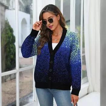 Женский вязаный свитер, пальто с V-образным вырезом и длинным рукавом, звездно-голубой свитер, кардиган, осень-зима