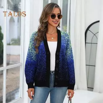 Женский вязаный свитер, пальто с V-образным вырезом и длинным рукавом, звездно-голубой свитер, кардиган, осень-зима, свободный трикотаж синий