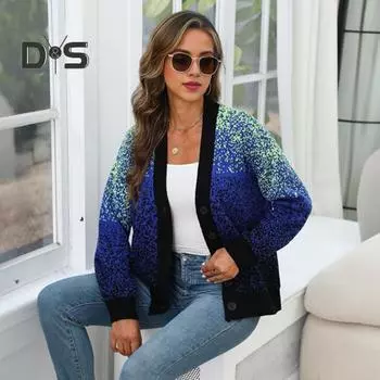 Женский вязаный свитер, пальто с V-образным вырезом и длинным рукавом, звездно-голубой свитер, кардиган, осень-зима, свободный трикотаж синий