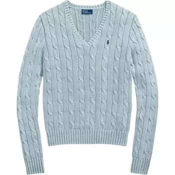 Женский вязаный свитер Polo Ralph Lauren однотонный с V-образным вырезом, приталенного кроя, с длинным рукавом, светло-голубой 211935305006 S