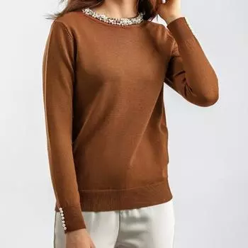 Женский вязаный свитер, повседневный свитер с длинным рукавом и круглым вырезом для женщин One size белый