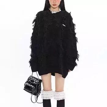 Женский вязаный свитер с бахромой Y2k в уличном стиле, свободный пуловер в стиле ретро, свободные топы, модный дизайн, панк, осенне-зимняя женская одежда S бежевый