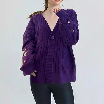 Женский вязаный свитер с длинным рукавом и открытой передней частью, кардиган на пуговицах, свободная женская верхняя одежда L фиолетовый