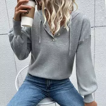 Женский вязаный свитер с длинным рукавом и капюшоном, однотонный S светло-серый