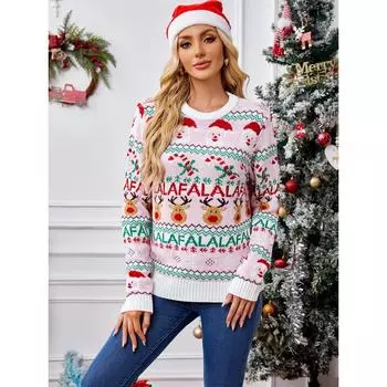 Женский вязаный свитер с длинным рукавом, рождественский розовый, милый вязаный свитер, женский осенне-зимний пуловер с длинным рукавом, жаккардовый рождественский свитер S розовый