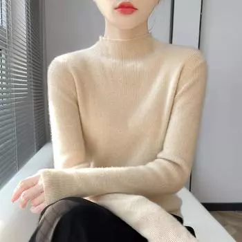 Женский вязаный свитер с длинными рукавами и витым узором, топ с высоким воротником и половиной воротника L бежевый