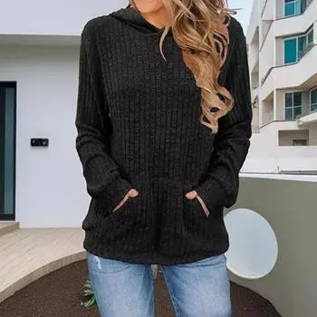 Женский вязаный свитер с капюшоном, длинный рукав, свободный крой, ребристый вязаный пуловер XL темно-зеленого