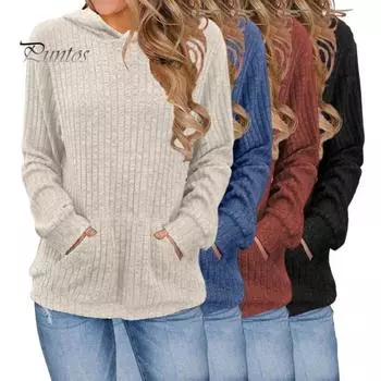 Женский вязаный свитер с капюшоном, длинный рукав, свободный крой, ребристый трикотажный пуловер, топы с карманами, повседневный однотонный осенний трикотаж XXL темно-зеленого