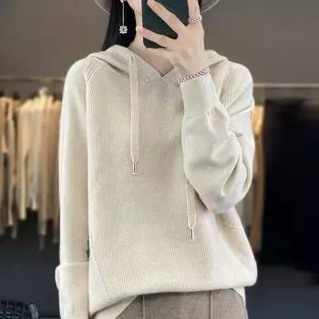 Женский вязаный свитер с капюшоном и свободным однотонным длинным рукавом для женщин M бежевый