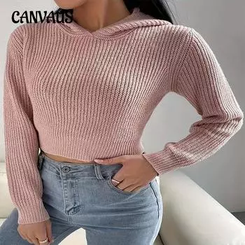 Женский вязаный свитер с капюшоном, однотонный, с завязками на спине, с длинными рукавами, повседневный свитер для поездок на работу S розовый