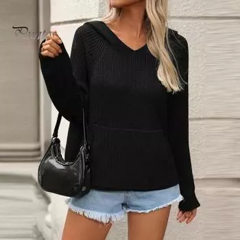 Женский вязаный свитер с капюшоном, реглан, длинный рукав, узор в виде звезды, пуловер с капюшоном, передний карман, свободный крой, свитер, топы S темно-синий