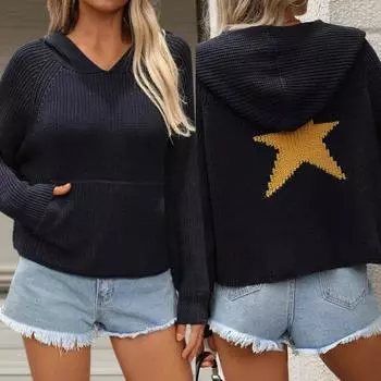 Женский вязаный свитер с капюшоном, реглан, длинный рукав, узор в виде звезды, пуловер с капюшоном, передний карман, свободный свитер M кофейный