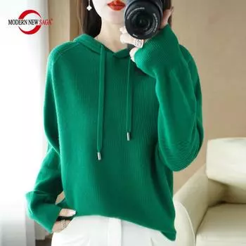 Женский вязаный свитер с капюшоном СОВРЕМЕННАЯ НОВАЯ САГА Зимний вязаный пуловер Толстовка Осенние мягкие теплые шерстяные свитера с капюшоном Женский джемпер Вязаный топ M бежевый