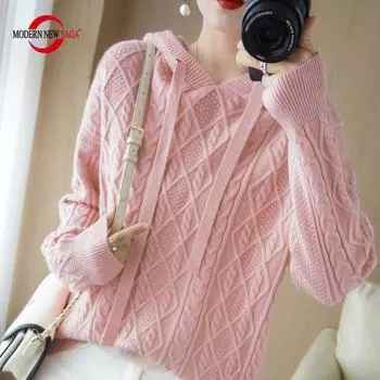 Женский вязаный свитер с капюшоном СОВРЕМЕННЫЙ НОВЫЙ зимний вязаный пуловер SAGA, осенний кашемировый шерстяной свитер, женский джемпер M верблюд