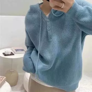Женский вязаный свитер с капюшоном, свободный однотонный пуловер, топ One size синий