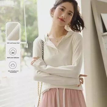 Женский вязаный свитер с капюшоном YX: Облегающий крой, длинный рукав, полуоткрытый воротник, прошитый дизайн для осени/зимы One Size кремовый/белый