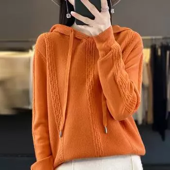 Женский вязаный свитер с капюшоном, зимний вязаный пуловер, свитшот, осенний мягкий теплый шерстяной свитер, женский джемпер, вязаный топ XL оранжевый