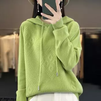 Женский вязаный свитер с капюшоном, зимний вязаный пуловер, свитшот, осенний мягкий теплый шерстяной свитер, женский джемпер, вязаный топ L верблюд