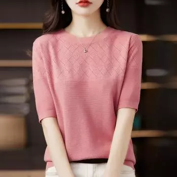 Женский вязаный свитер с короткими рукавами и круглым вырезом, свободный тонкий топ L розовый