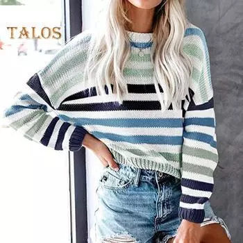 Женский вязаный свитер с круглым вырезом, длинный рукав, свободный крой, топы с разноцветным полосатым принтом, осенние вязаные топы S светло-зеленый