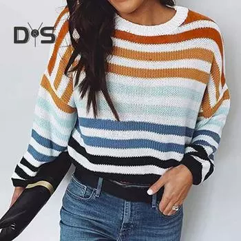 Женский вязаный свитер с круглым вырезом, длинный рукав, свободный крой, топы с разноцветным полосатым принтом, осенние вязаные топы S темно-синий