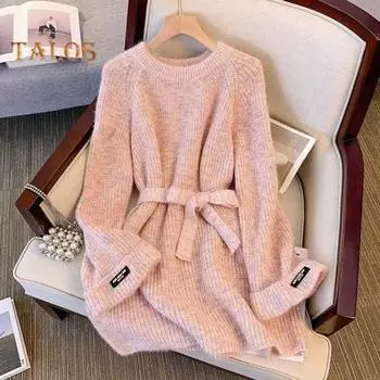 Женский вязаный свитер с круглым вырезом, длинным рукавом, однотонный пуловер, топы с поясом, свободный крой, трикотаж средней длины абрикосовый