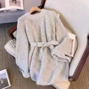 Женский вязаный свитер с круглым вырезом, длинным рукавом, однотонный пуловер, топы с поясом, свободный крой, трикотаж средней длины абрикосовый