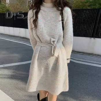 Женский вязаный свитер с круглым вырезом, длинным рукавом, однотонный пуловер, топы с поясом, свободный крой, трикотаж средней длины розовый