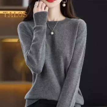 Женский вязаный свитер с круглым вырезом, длинным рукавом, ребристой отделкой, пуловер, свитер, однотонный, свободный подол, трикотаж S серый