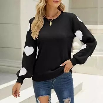 Женский вязаный свитер с круглым вырезом и длинным рукавом с принтом в виде сердца, пуловеры, свитера S