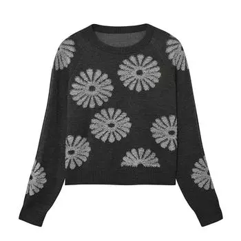 Женский вязаный свитер с круглым вырезом и длинными рукавами с цветочным принтом, пуловеры, топы S темно серый