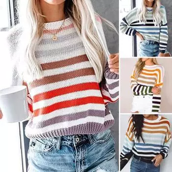 Женский вязаный свитер с круглым вырезом и длинным рукавом, свободный крой, топы с цветным полосатым принтом S светло-зеленый