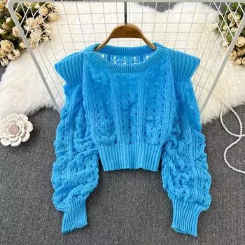 Женский вязаный свитер с круглым вырезом из мохера, полые подплечники с длинными рукавами и короткой талией, дизайн для похудения