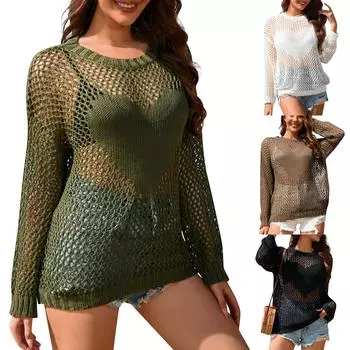 Женский вязаный свитер с круглым вырезом, пляжное накидка для отпуска, однотонный женский вязаный цвет L чёрный