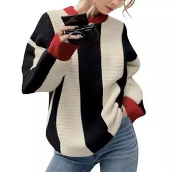 Женский вязаный свитер с круглым вырезом, пуловер, джемпер, длинный рукав, полосатый вязаный свитер, верхняя одежда S белый