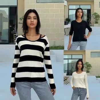 Женский вязаный свитер с круглым вырезом, пуловер с лямками, джемперы с длинным рукавом, полосатый вязаный свитер, верхняя одежда One size белый
