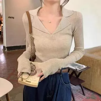 Женский вязаный свитер с лацканами поло для осени и зимы с шикарным V-образным вырезом и длинным рукавом под базовым слоем one size абрикосовый