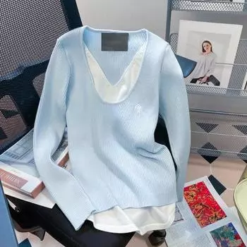 Женский вязаный свитер с нежным низом, искусственный двухсекционный женский свитер с длинными рукавами, весна-осень, однотонный облегающий пуловер с v-образным вырезом One Size синий