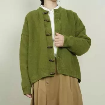 Женский вязаный свитер с роговыми пуговицами, круглый вырез, длинный рукав, однотонный свободный свитер, пальто зелёный