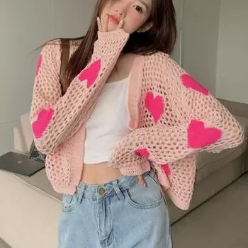 Женский вязаный свитер с сердцем, кардиган, сладкий модный пуловер, топы, женский свитер с длинным рукавом и вырезом One Size розовый
