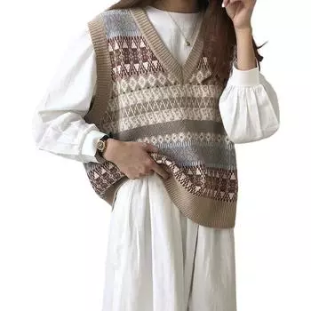 Женский вязаный свитер с v-образным вырезом, жилет, осенне-зимний жилет без рукавов, короткий свободный женский пуловер One size абрикосовый