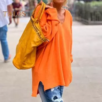 Женский вязаный свитер с V-образным вырезом, длинным рукавом, однотонный пуловер, свитер с боковыми разрезами, свободный крой, повседневный уличный стиль, свитер M оранжевый