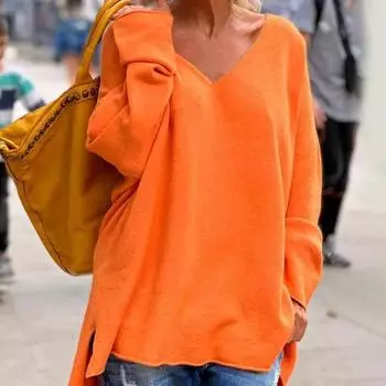 Женский вязаный свитер с V-образным вырезом, длинным рукавом, однотонный пуловер, свитер с боковыми разрезами, свободный крой, повседневный уличный стиль, свитер S оранжевый