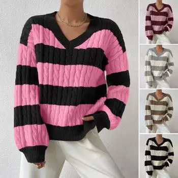 Женский вязаный свитер с V-образным вырезом и длинным рукавом, укороченный пуловер, джемпер в стиле пэчворк, цветной переплетение S армия зеленый