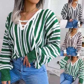 Женский вязаный свитер с V-образным вырезом на груди и перекрестными завязками, пуловер, джемпер с рукавами-фонариками, трикотажная рубашка S зелёный