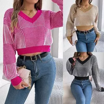 Женский вязаный свитер с V-образным вырезом и длинным рукавом, пуловеры, джемперы, полосатые трикотажные топы S чёрный